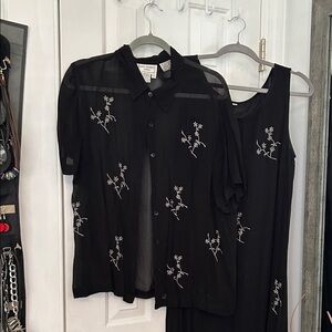 Sheer Black Embroidered Button-Up Top - Floral Detail